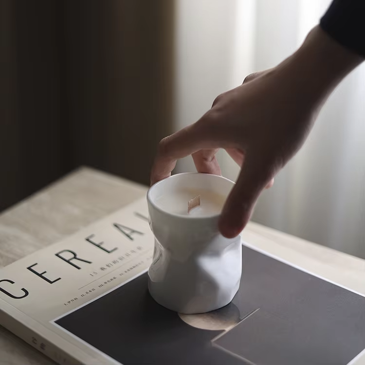 white ceramic candle wood wick candle