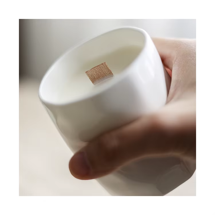 white ceramic candle wood wick candle