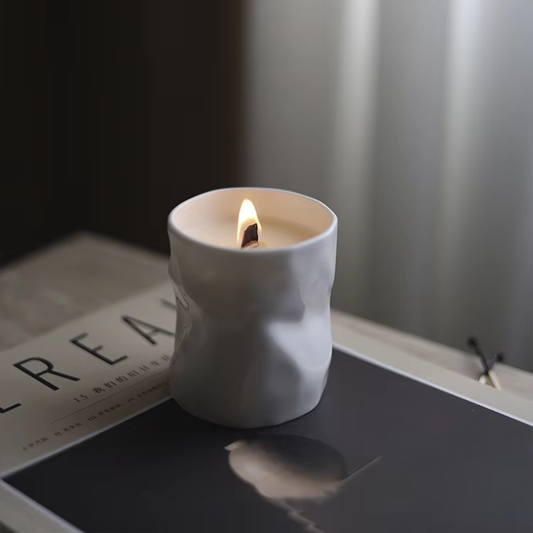 white ceramic candle wood wick candle