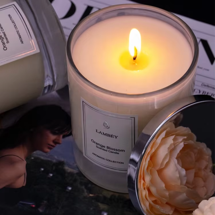 Glass candle with metal cover