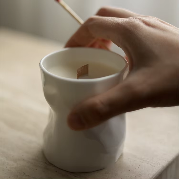 white ceramic candle wood wick candle